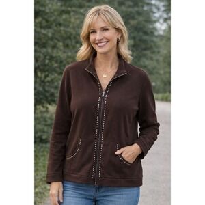 Quacker Factory Women's Lightweight Brown Knit Rhinestones Full Zip Jacket Large